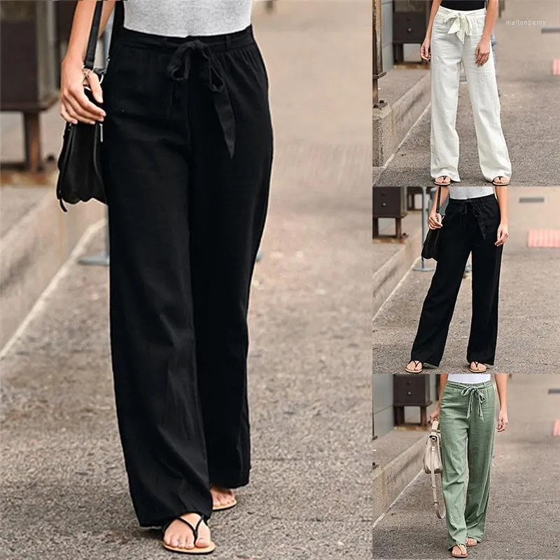 Women's Jeans Women High Waist Straight Trousers Summer Casual Elastic Lace-up Wide Leg Pants Harajuku Solid Ankle-length Length Pant