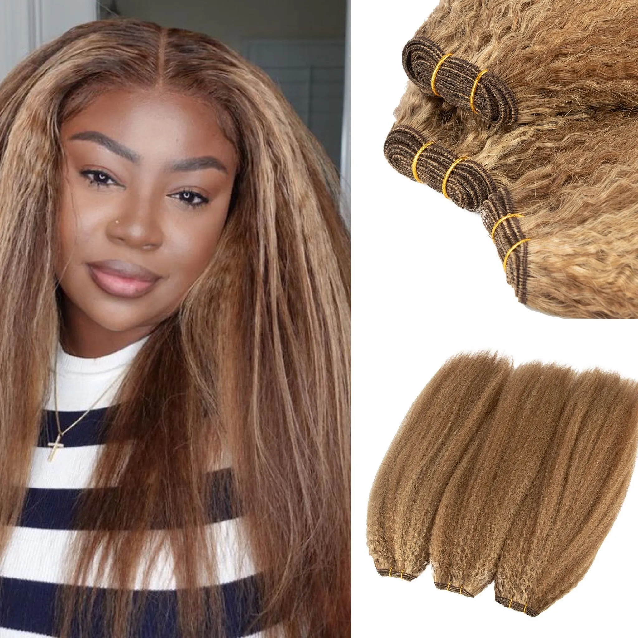 Faits saillants Bundles de cheveux humains Piano Couleur # 4 mélangé avec # 27 Extensions de trame péruvienne vierge Kinky Straight Hair Weaves 100g