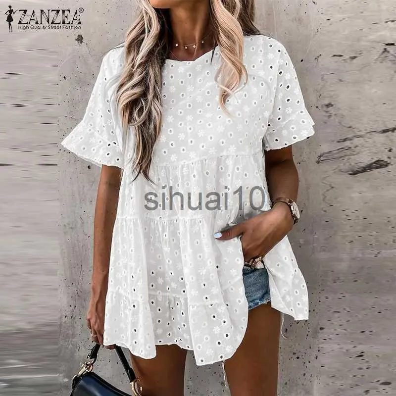 Kvinnors blusar tröjor Bohemian spets ruffle Top Women's Summer Blues Zanzea 2023 Casual Hollow V Neck Blusa Female O Neck Floral Tunic J230621