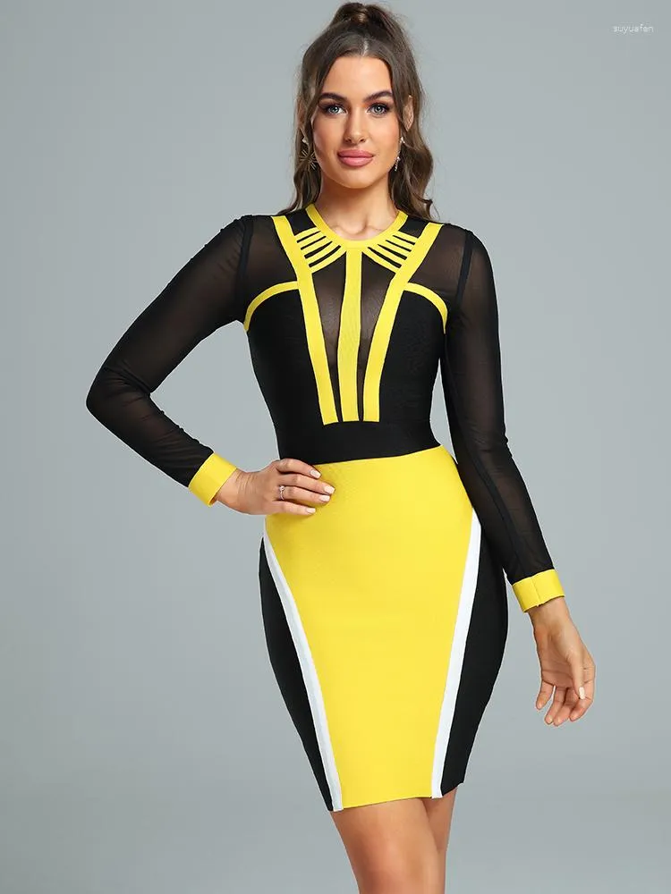 Casual Dresses Sexig Bandage Dress Party Wear för kvinnor Bodycon Elegant Yellow Mesh Insert Long Sleeve Christmas Birthday Club Outfit