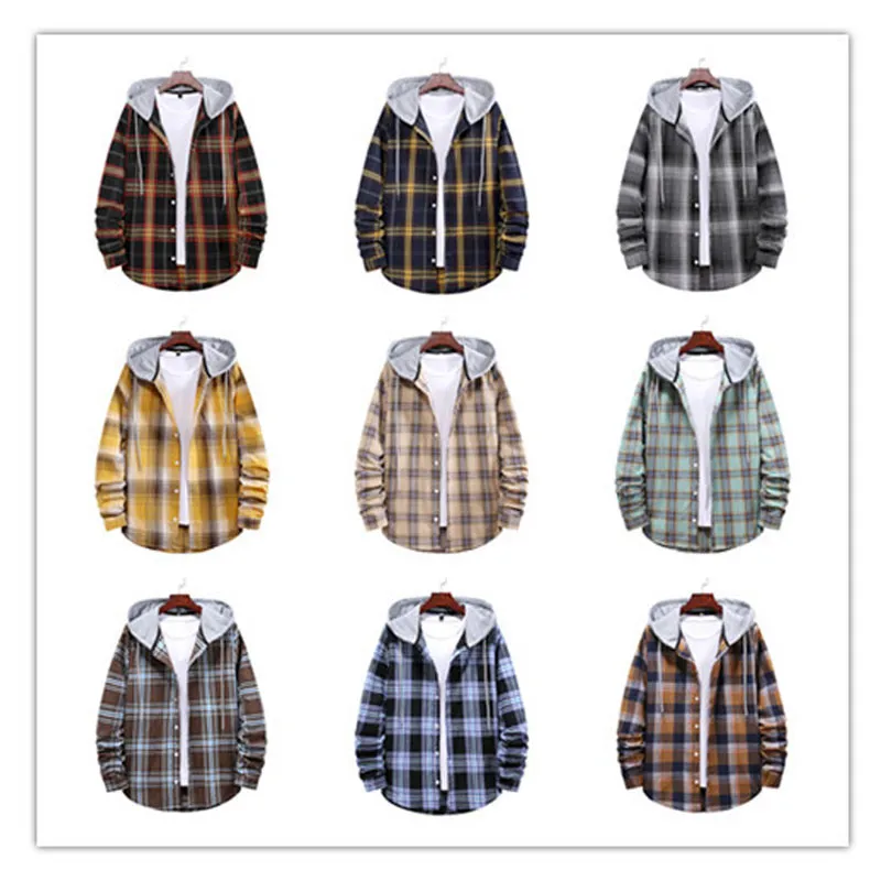 Men's Plaid long sleeve T shirt suit with hoodie 480 Grams Thick Spring Autumn all seasons wear loose Cotton Blend Stretch Durable Outdoor Coat For Men