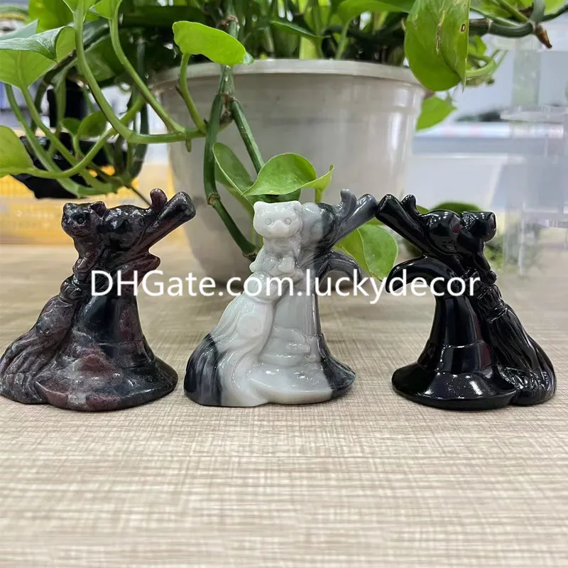 Natural Quartz Crystal Gemstone Cat Halloween Gift Magic Accessory Cute Garnet Tai Chi Stone Black Obsidian Witch Wizard Animal Sculpture Talisman Amulet Ornament