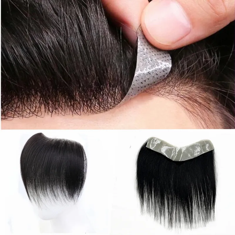 Bangs V Form pannan Mänsklig hårlinje frontala hårstycke för män med band Brasilianskt naturligt hårbyte för skallighet icke-remy 230620