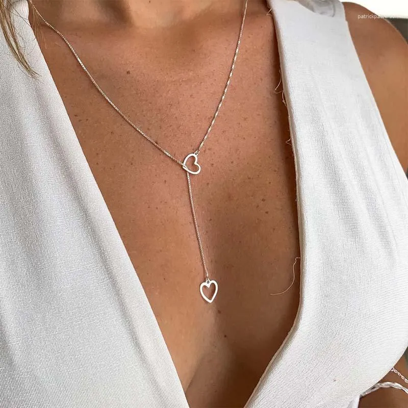 Pendentif Colliers Mode Double Coeur D'amour Pour Les Femmes Simple Ruban Couleur Personnalité Long Gland Collier Parti Bijoux Cadeaux