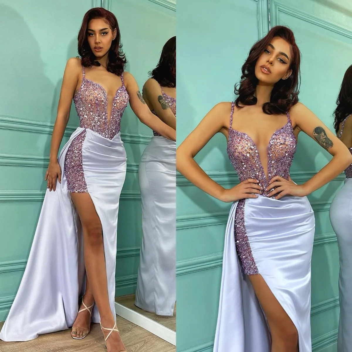 Sexy Lavender Prom Dresses Sequins Spaghetti Evening Gowns Slit Pleats Formal Red Carpet Long Special Occasion dress