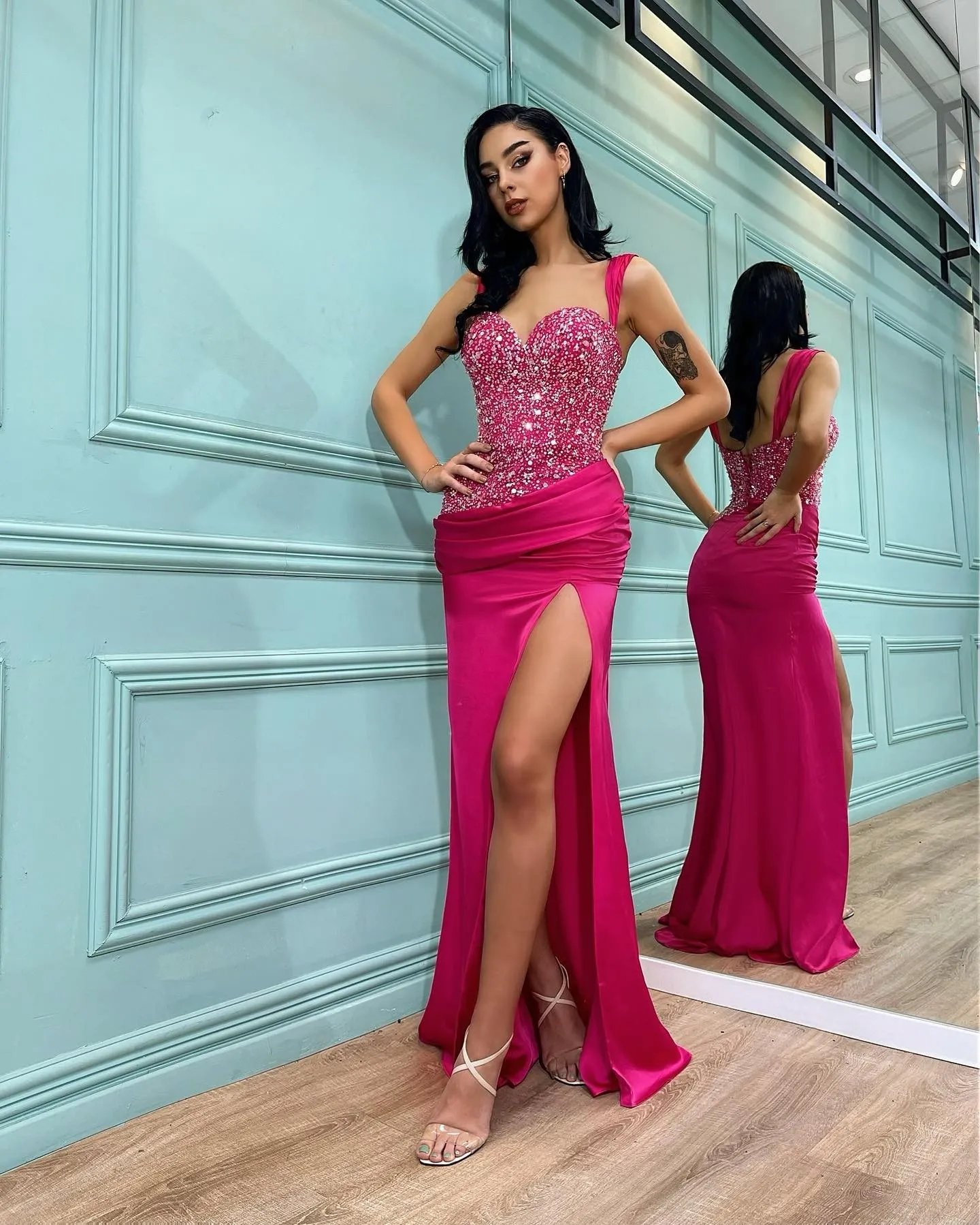 Rosy Pink Sequin Double Slit Prom Dress With Top Straps And Slit