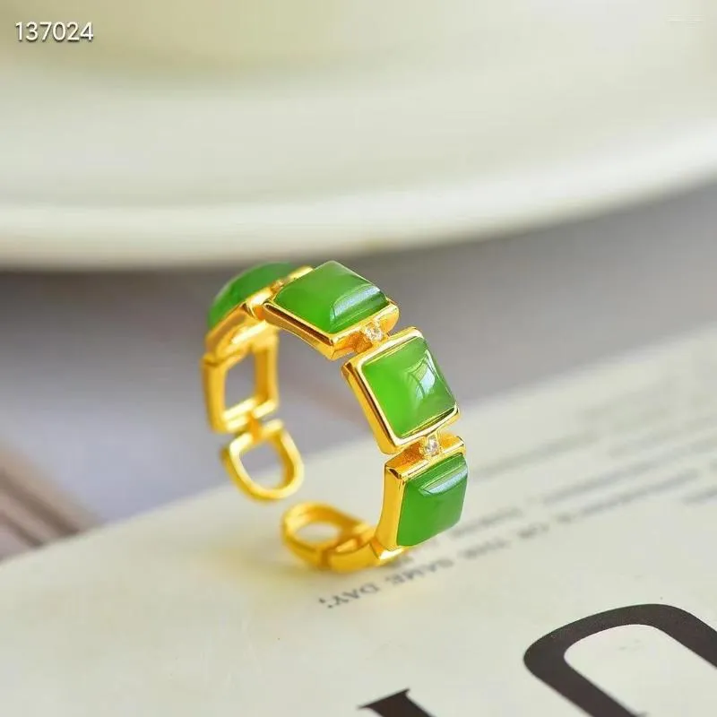 Cluster Rings Natural Real 925 Sterling Silver Inlaid Green Hetian Jade Open for Women Engagement Present Män