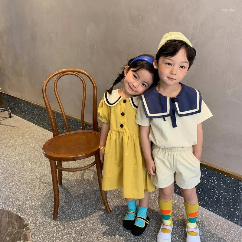 Ensembles de vêtements d'été Style coréen frère et soeur vêtements coton lin col marin mode filles robe