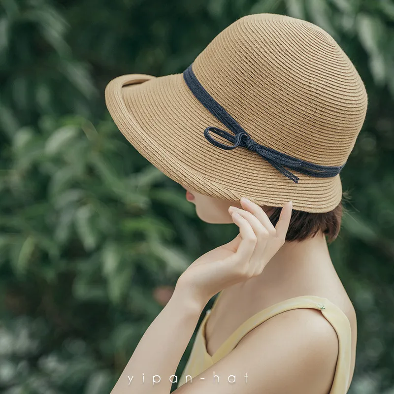 Hepburn Style parasol chapeau de paille femme été rétro pliable bassin casquette littéraire pêcheur chapeau Simple soleil casquette décontracté été chapeaux