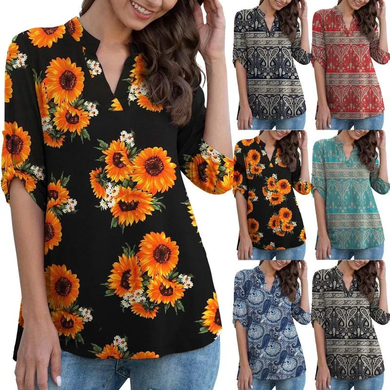 Женские блузки женские топы 3/4 рукав рукав рубашки рубашки с цветочной полосатой туникой лето для женщин