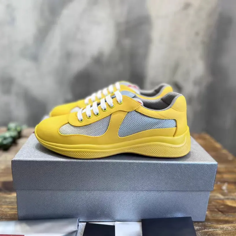 2023 Designer Sapatos Casuais America Cup Couro Envernizado Tênis de Corrida Tênis de Corrida Masculino Couro Nylon Preto Mesh Sapato Esportivo Corredor Com Cadarço