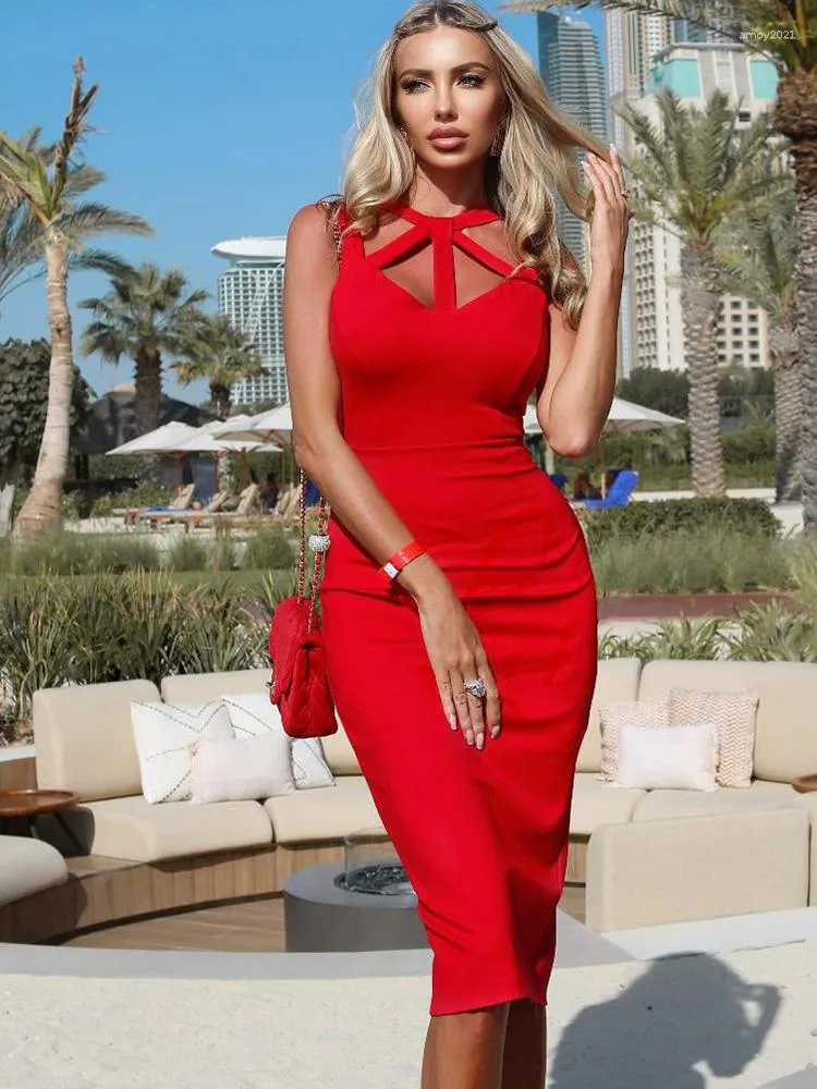 Casual Dresses Red Bandage Dress Elegant Women's For Party 2023 BodyCon Sexig Cut Out Midi Evening Birthday Club Outfits Summer