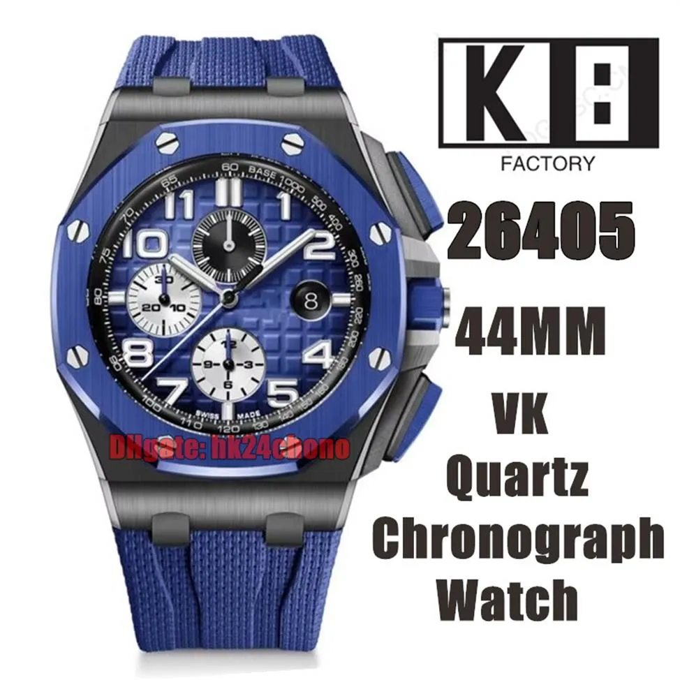 K8 Montres 26405 44mm VK Quartz Chronographe Montre Homme Lunette Bleue Fumé Cadran Bleu Bracelet Caoutchouc Gents Montres-Bracelets286h