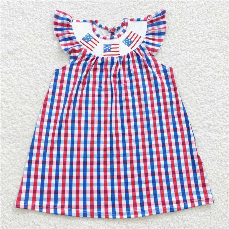 Girl Dresses Wholesale Girls Embroidered National Day Flag Vest Flying Sleeve Dresss For Baby Clothes Western Boutique Clothing