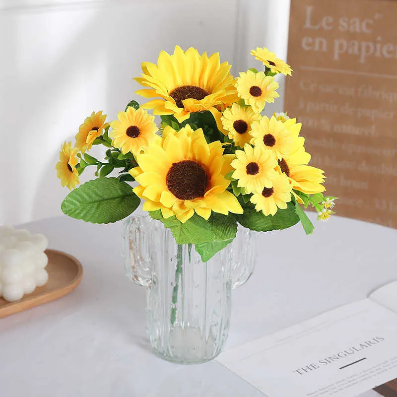 Bouquet artificiel de tournesol en soie jaune, fleurs séchées, pour maison, bureau, fête, jardin, hôtel, décoration de mariage