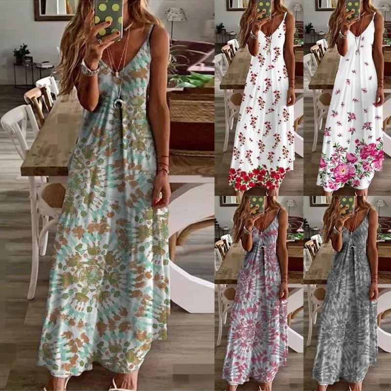 Casual Kleider Frauen Sommer Sexy Ärmelloses V-ausschnitt Lange Blumen Druck Kleid Nette Winter Für