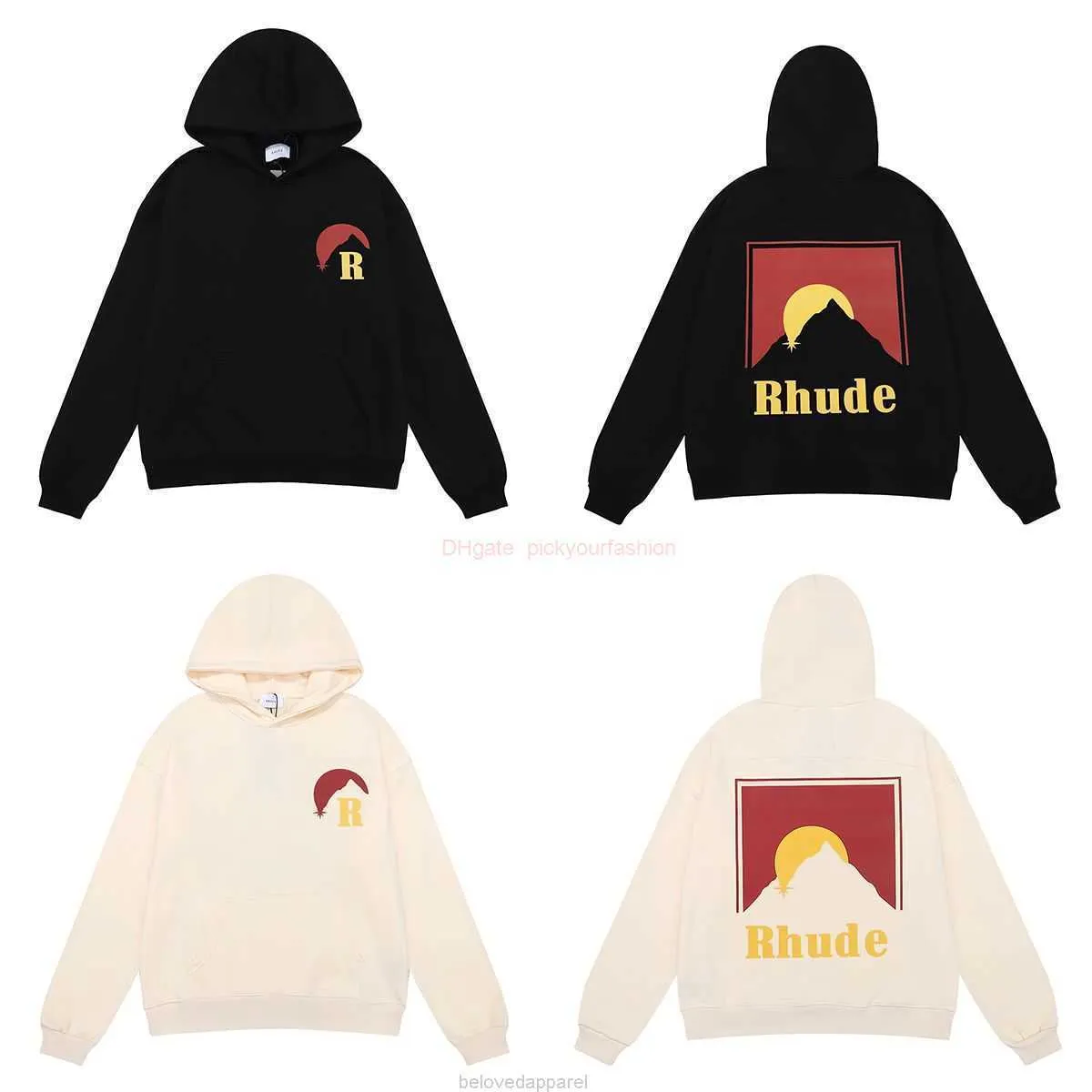 Designer Clothing Mens Sweatshirts Hoodies Niche Rhude Moonlight Imprimé Poids Élevé Pur Coton Éponge Lâche Casual Pull À Capuche pour Hommes Femmes Mode Streetwea