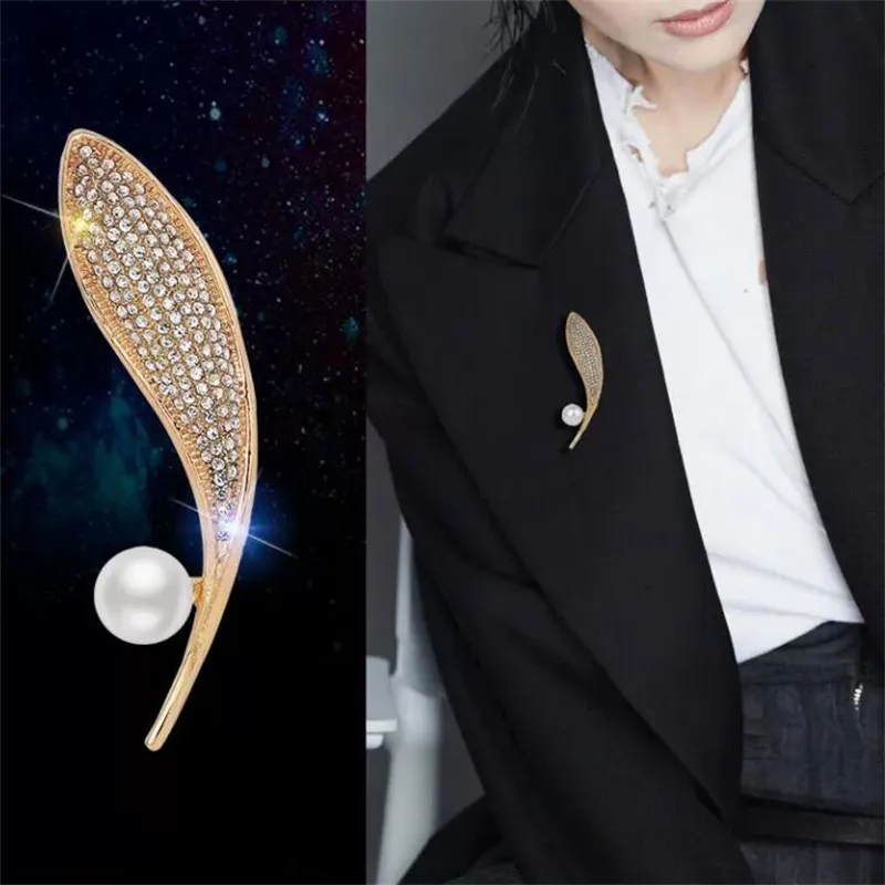 Sparkling Crystal Feather Leaf Brooch Pin - Gold & Silver Alloy Jewelry For Hats, Bags, Jackets