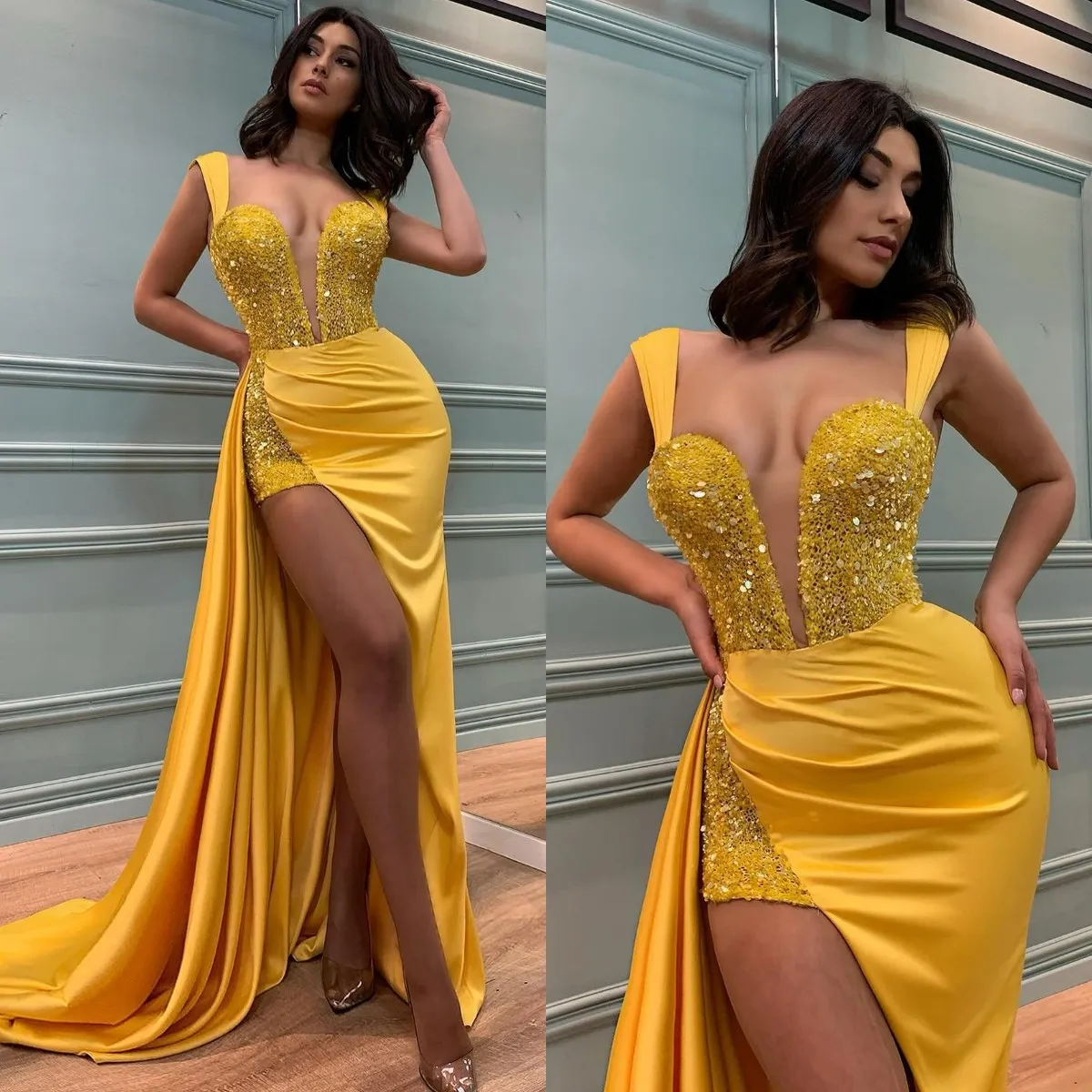 Sexy Yellow Prom Dresses V Neck Cap Sequins Evening Gowns Slit Pleats Formal Red Carpet Long Special Occasion Party dress