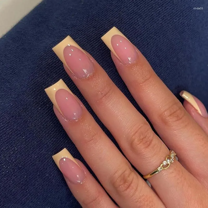 Unhas postiças 24 unidades amarelas simples curtas arte de caixão artificial com design francês vestível cobertura completa falsa pressionada nas pontas das unhas