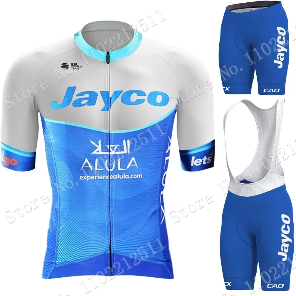 Rowerowe koszulki Zestaw zespołu Jayco Alula Set Set z krótkim rękawem Blue Men Clothing Road Rower Koszulki rowerowe szorty MTB MAILLOT 230620