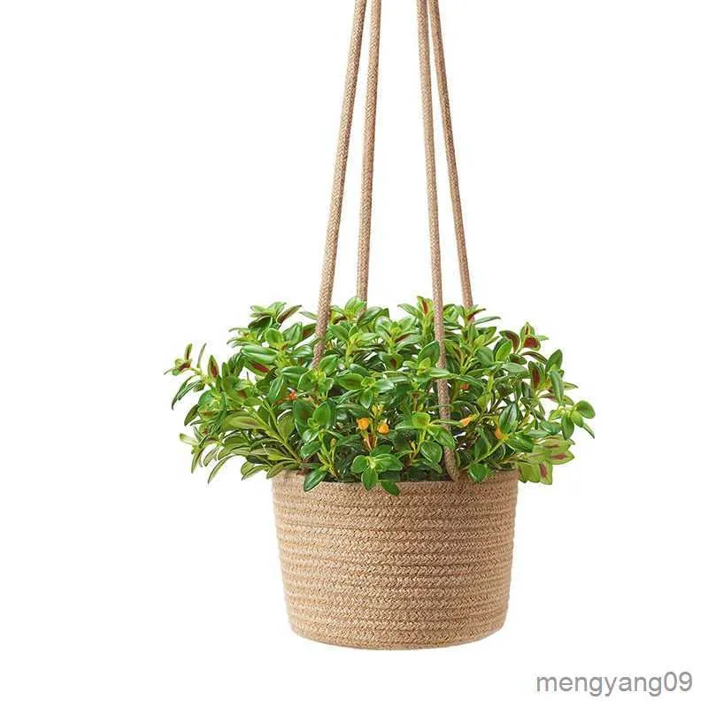 Planters krukor trädgård hängande planter handvävd hängande planter växt korg med jute bomullsladd inomhus blomma pott lagringsarrangör R230621