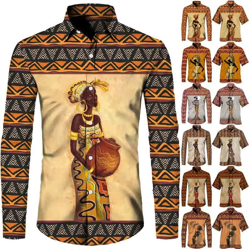 Camisetas Masculinas Estilo Étnico Menina Africana Estampa 3D Curto Manga Longa Camisas de Botão para Homens Feminino Dashiki Folk Tops Vintage Personalizados Roupas de Casal 230620