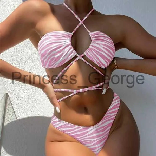 Costumi da bagno taglie forti da donna Sexy Zebra a righe Halter Bikini Set da donna String Around Costumi da bagno Costumi da bagno a fascia Costume da bagno Biquinis Bikini 2023 Mujer x0621