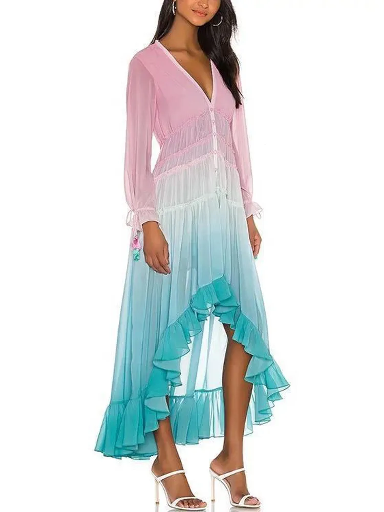 Abiti casual di base Arcobaleno Abito alto basso Donna con scollo a V Tiered Ruffle Trim Abiti estivi Casual Beach Boho Dress Chiffon Abiti lunghi 230620