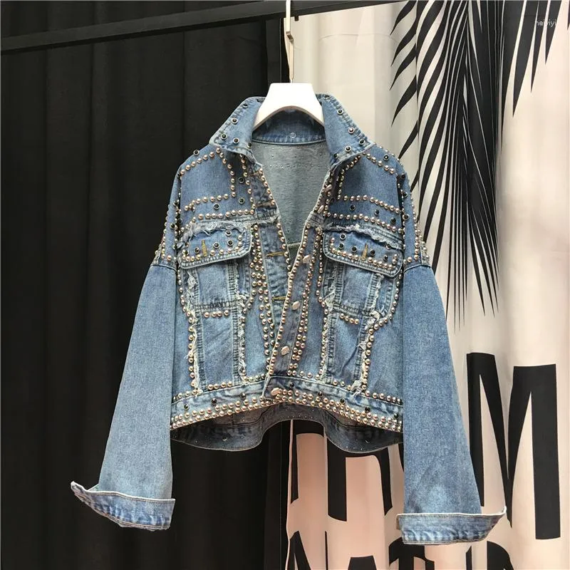 Kvinnorjackor Diamond pärlstav denim jacka kvinnor retro lös passform beskurna kvinnor vår höst jean coat blå femme