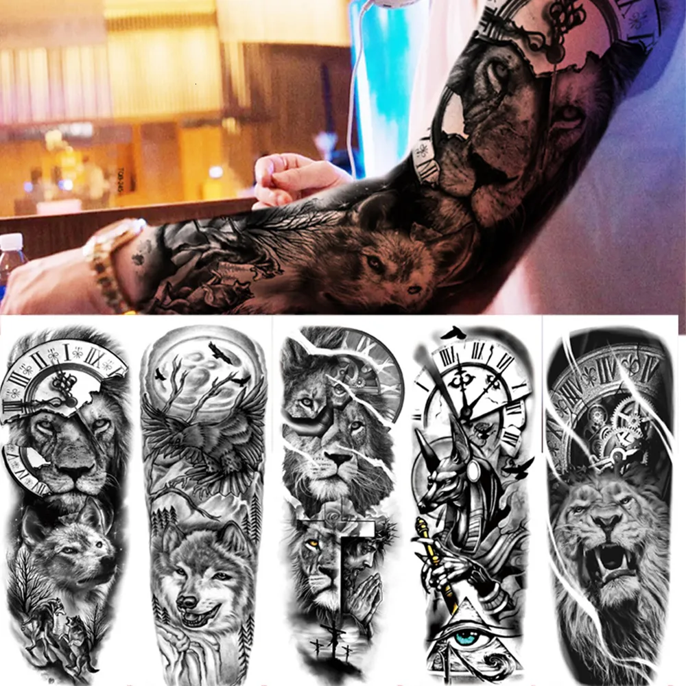 Temporary Tattoos 10Pcs Man Fulll Arm Tattoo Forest Lion Wolf Skull Women Sexy Flower Gun Clock Bird Fly Waterproof Body Leg Art Sticker 230621
