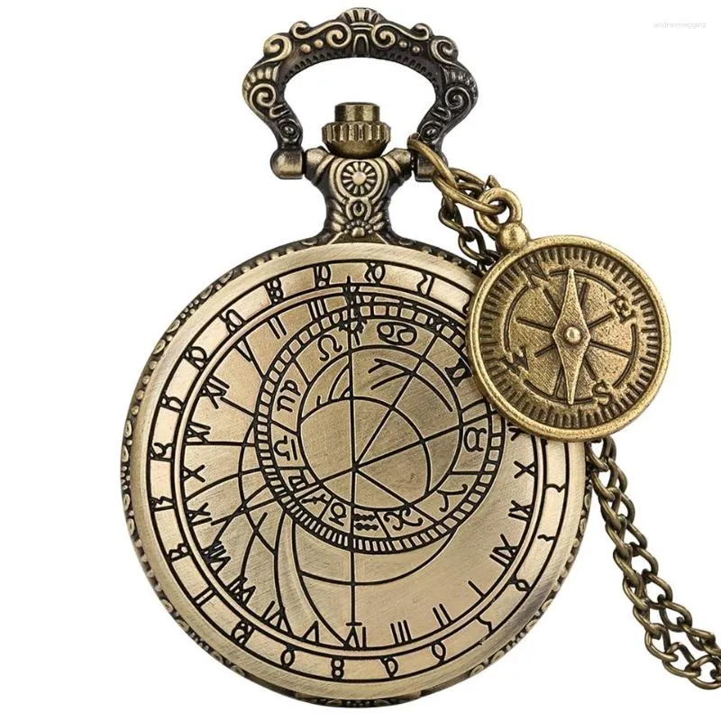 Montres de poche Bronze Boussole Géométrie Prague Conception Astronomique Montre À Quartz Art Dessin Collier Horloge Pendentif Avec Accessoire