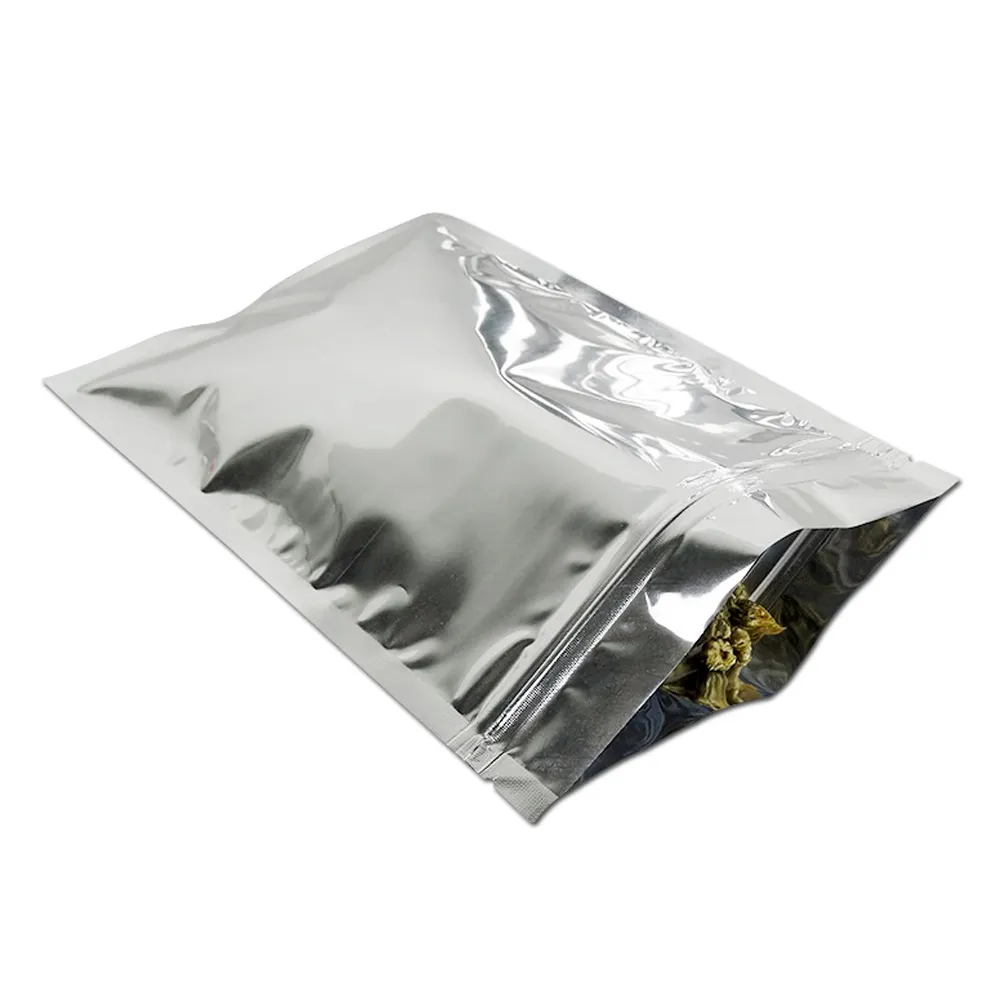 Silver Zip Mylar Foil Bag Self Grip tätar tårklass platt påsar för matmalt kaffeböna te godisförpackning