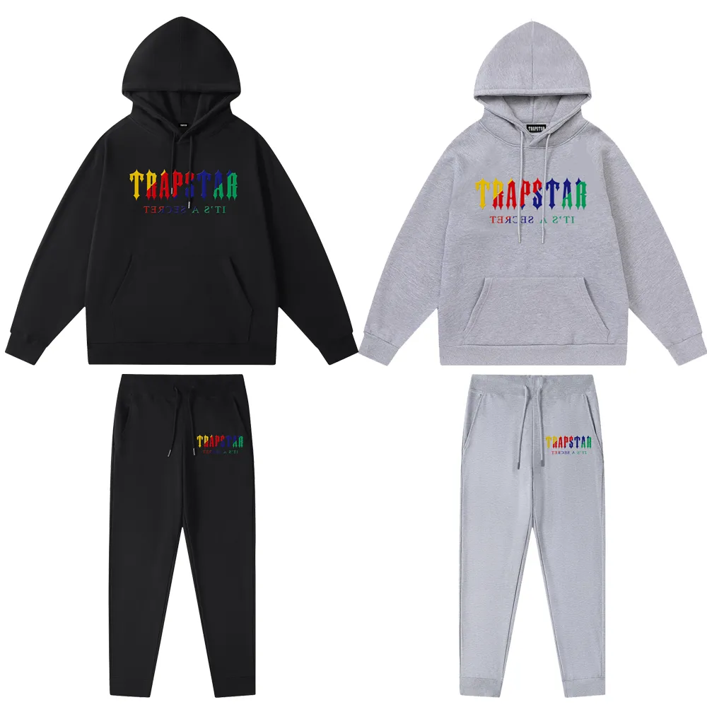 Trapstar Sweat à capuche surdimensionné Mens Trapstar Survêtement Chemises de créateurs Imprimer Lettre de luxe Noir et blanc Gris Couleur arc-en-ciel Sports d'été Mode Cordon de coton Haut