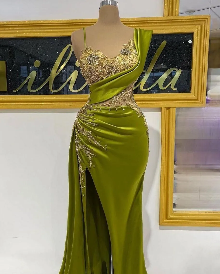 2023 Olive Green Satin Mermaid Prom Dresses Gorgeous Arabic Aso Ebi Crystals Beading Ruched Evening Gowns Ruched Sexy Split Second Reception Dress BC14645 GC1107