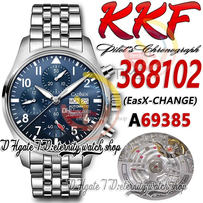 KKF zf388102 A69385 Cronógrafo automático Reloj para hombre Esfera azul Números arábigos Marcadores Pulsera de acero inoxidable 316L Super Edition Cronómetro Relojes de eternidad