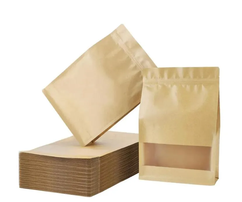 Kraft Stand Up Zipper Bags Borsa richiudibile con finestra per conservare alimenti Noci Fagioli Caffè Caramelle