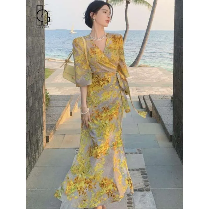 Dress Sexy Net Red Flower Fragmented Flower Long Dress Women Yellow French Style Floral Print Wrap Long Dress Vestidos Elegantes Evening Dress