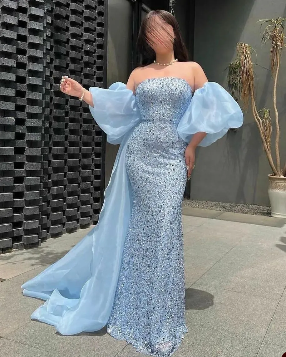 Glamorous Mermaid Prom Dresses Strapless Off the Shoulder Shining Sequins High Waist Detachable Tail Court Gown Custom Made Plus Size Party Dress Vestido De Noite