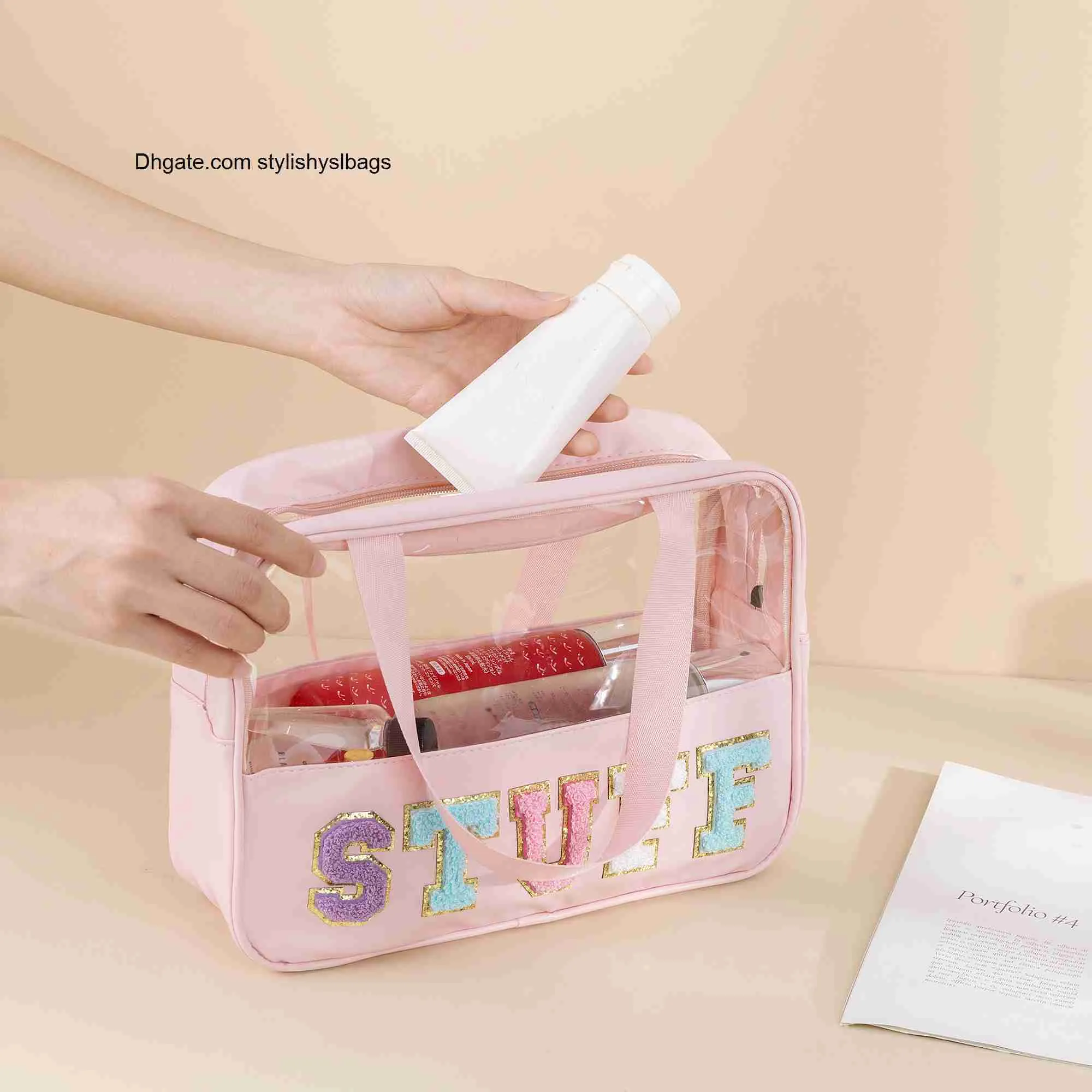 Custodie per cosmetici Custodie trasparenti Preppy STUFF Toppe per lettere in ciniglia Trucco Cosmetici Toieltry Borse Custodia con cerniera con manico