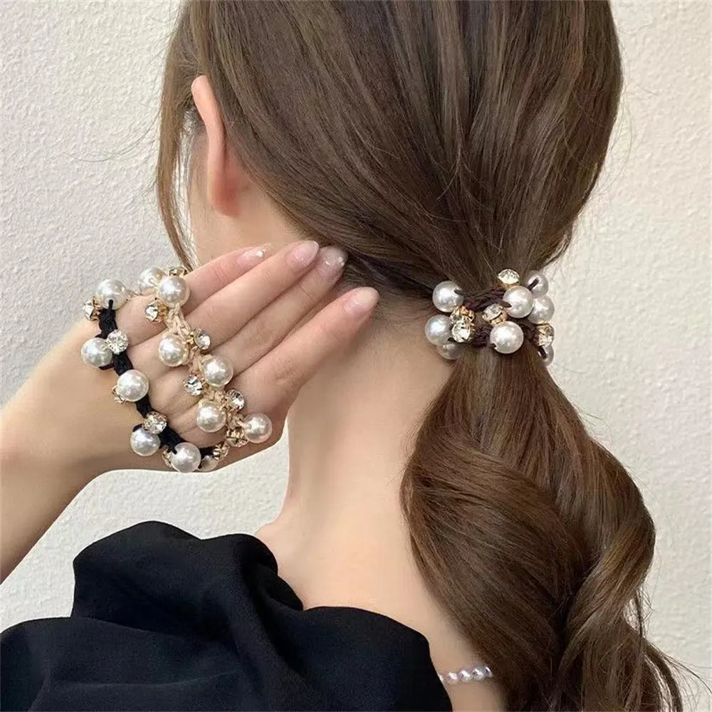 Fashion Pearl Crystal Rhinestone Hair Rope For Women Tie Ponytail Hair Ring Net Red Tie Simple Woven Elastic Headrope