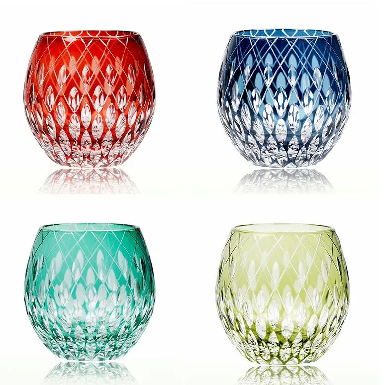 Japansk stil Edo Kiriko Crystal vinglas Handgraveringskalejdoskop Regndropp Whisky Tumbler Collection Level Cups Presentlåda