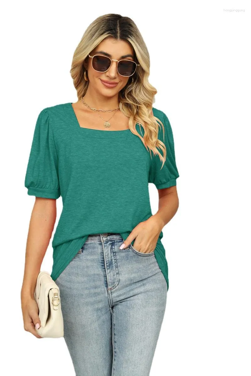 여자 T 셔츠 티셔츠 솔리드 스퀘어 목이 주름 장식 짧은 소매 거품 거품 여자 언더 레이 셔츠