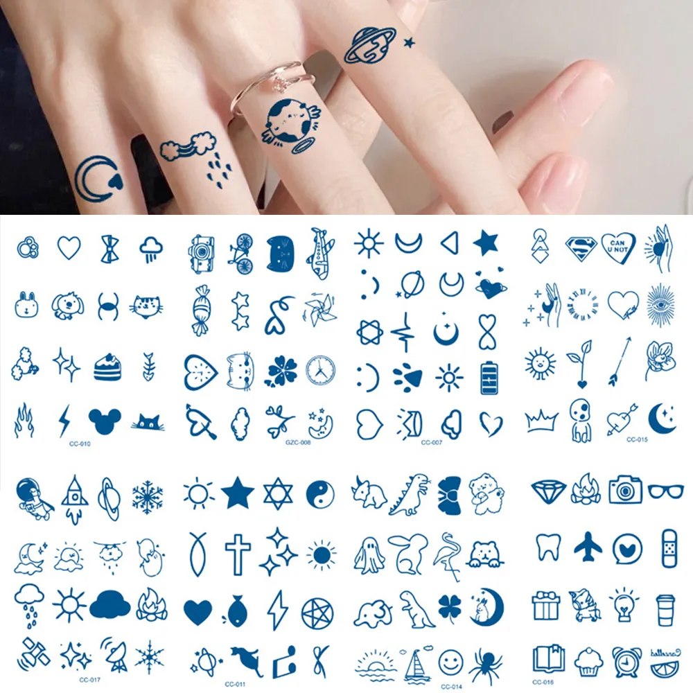 Tatuaggi temporanei 100Pcs Commerci all'ingrosso Piccolo succo di inchiostro Tatuaggio duraturo Cuore semplice Stella Luna Dito Adesivo impermeabile Uomo Braccio Donna Art 230621