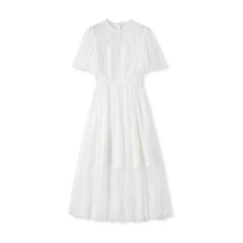 2023 Summer White Floral Embroidery Lace Dress Short Sleeve Round Neck Sequins Classic Casual Dresses W3L045104