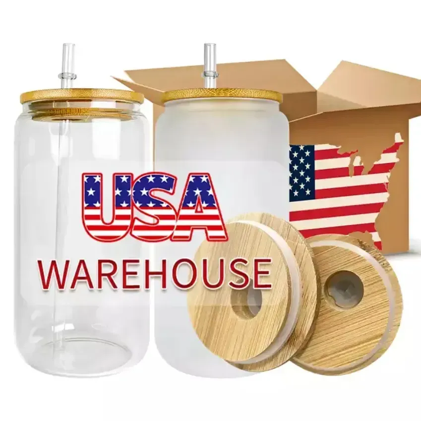 USA /CA Stock 16oz Sublimation Glass Mugs Blanks Cup with Bamboo Wid and Straw Frosted Beer Can Classe Tumbler Mason Jar 0622