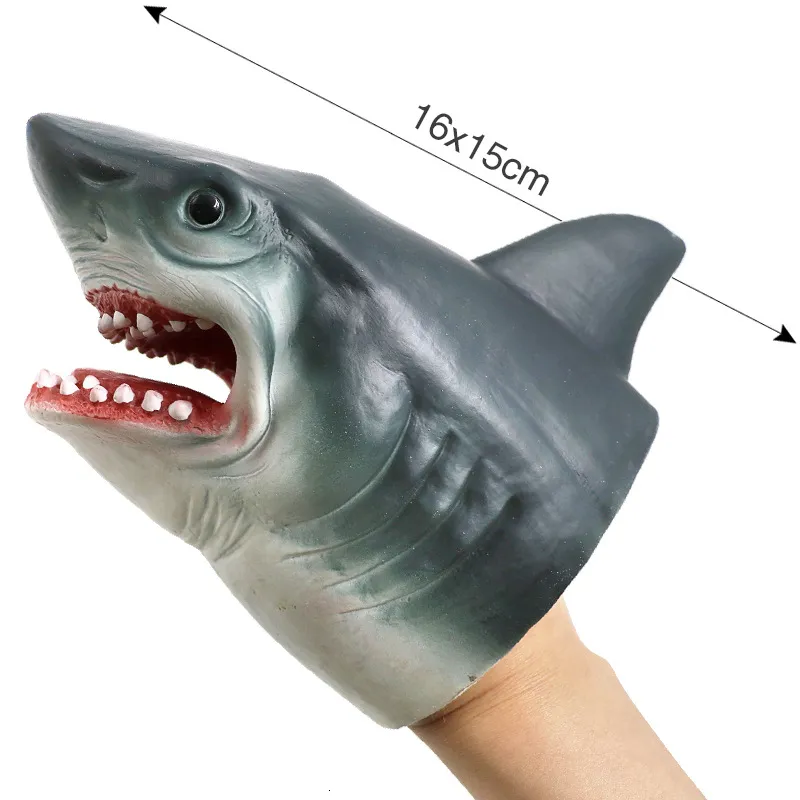 Puppets Shark Puppet Kinderen Zachte Rubberen Dierenkop Handschoen Model Kinderen Dinosaurus Pop Driehoek T-Rex Dummy Animal Puppet 230621