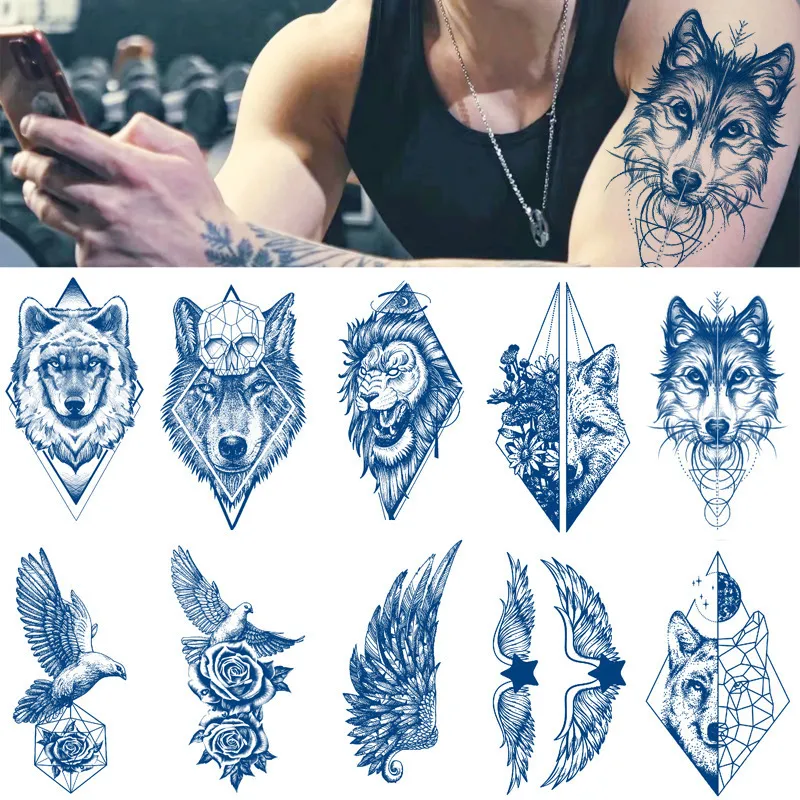 Temporäre Tattoos 100 Stücke Großhandel Saft Dauerhafte Tinte Körperkunst Wasserdichte Aufkleber Löwe Wolf Mann Axt Tatoo Arm Flügel Fliege Rose Frauen 230621