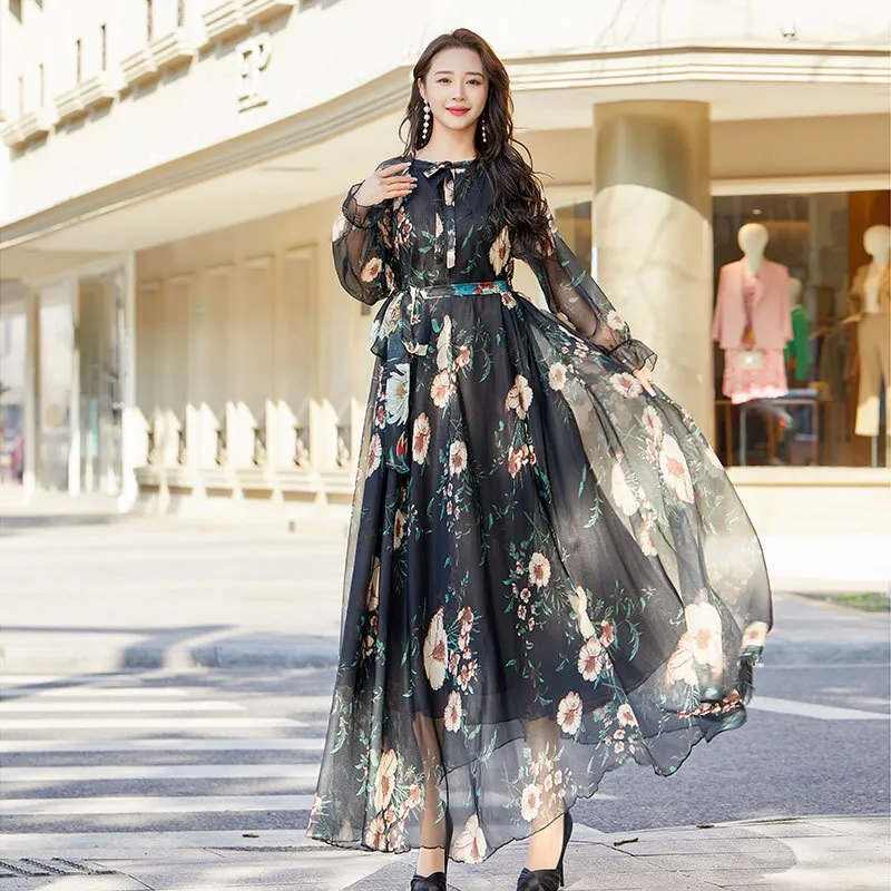 floral dress elegant Floral Print Elegant Short Sleeve Split Dress YellowFlower / L main image 0