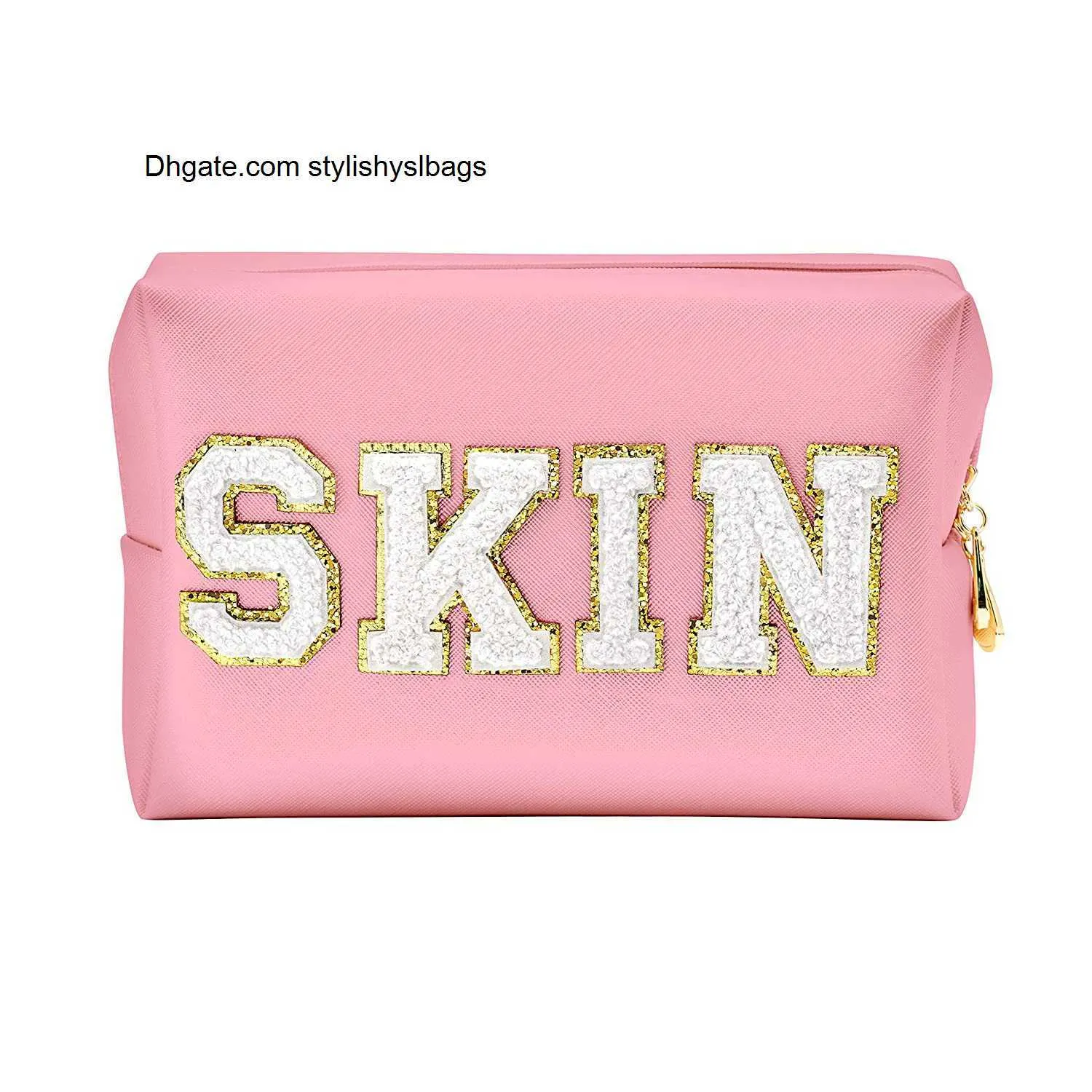 Cosmetic Bags Cases Chenille Letter Preppy Patch Makeup Bag Cosmetic Pouch Waterproof Zipper Skincare Toiletry Travel Organizer for Women Teen Girls
